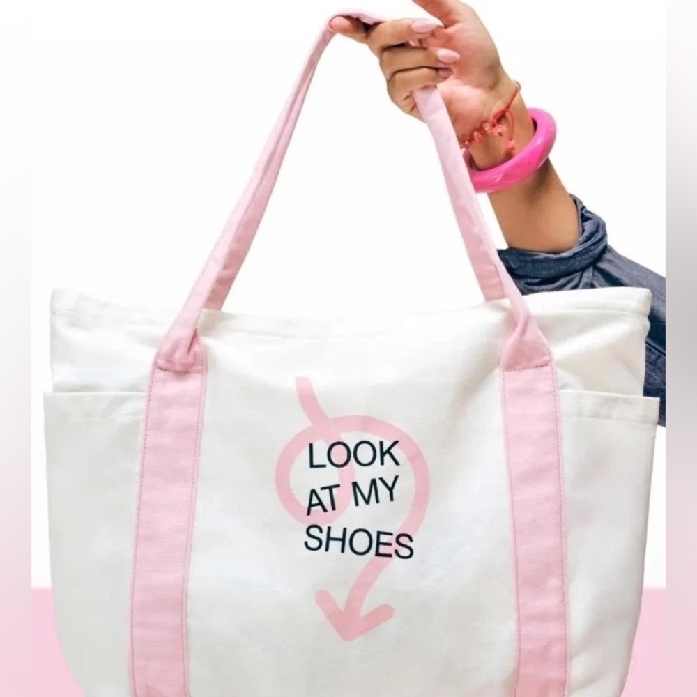 White & Pink Canvas Tote Bag with 'Look At My Shoes' Print